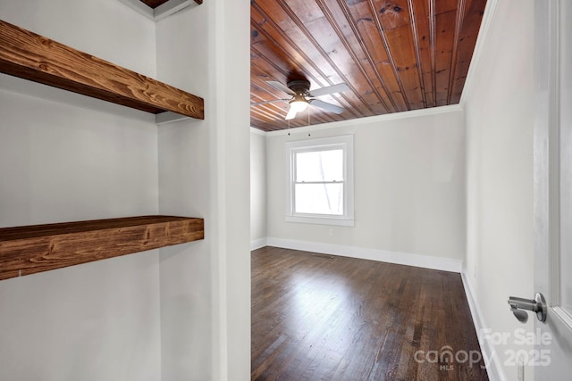 empty room featuring wood ceiling, ceiling fan, crown molding, and dark wood-type flooring