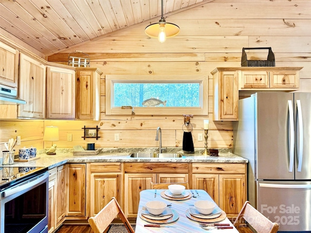 kitchen featuring pendant lighting, sink, wood ceiling, lofted ceiling, and stainless steel appliances