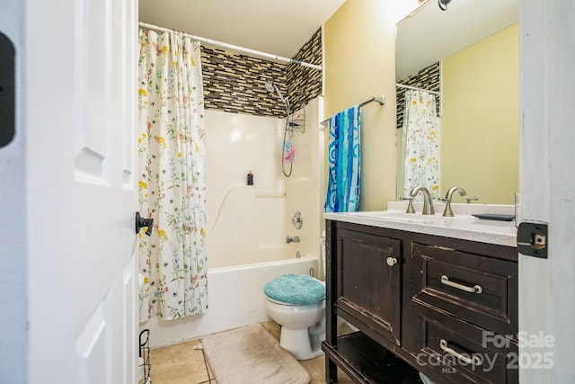 full bathroom with tile patterned flooring, vanity, shower / bathtub combination with curtain, and toilet