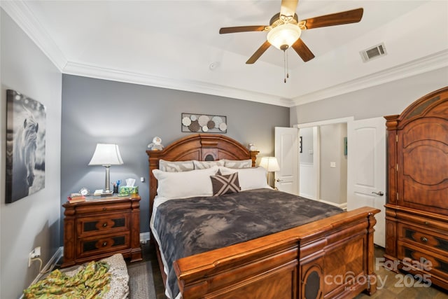 bedroom featuring ornamental molding and ceiling fan