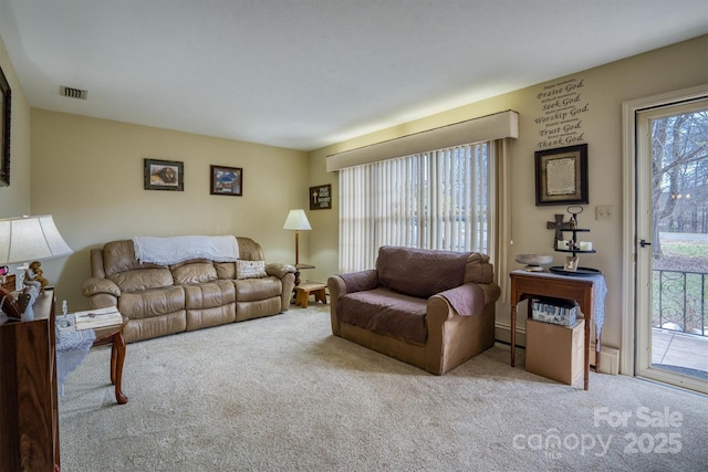 carpeted living room with a baseboard radiator and plenty of natural light