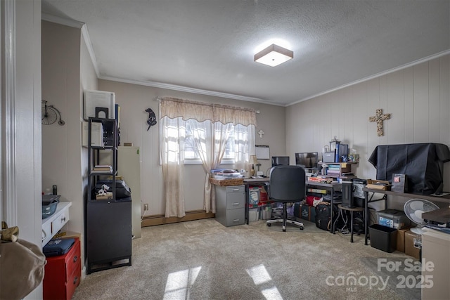 office area with light colored carpet, a baseboard radiator, a textured ceiling, and crown molding