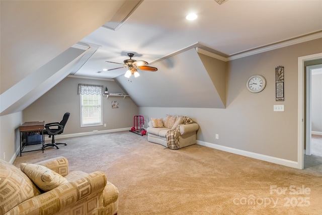 office area with crown molding, light colored carpet, ceiling fan, and vaulted ceiling