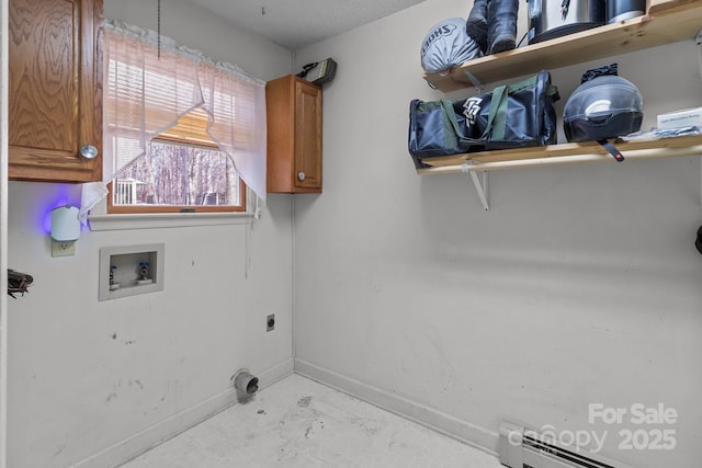 washroom featuring hookup for a washing machine, a baseboard radiator, cabinets, and electric dryer hookup