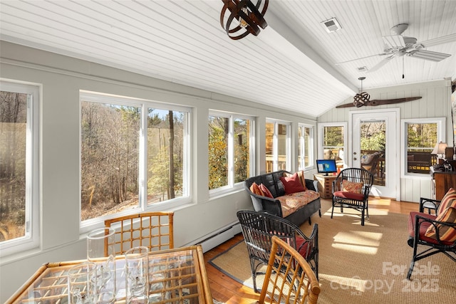 sunroom featuring vaulted ceiling, ceiling fan, and a baseboard radiator