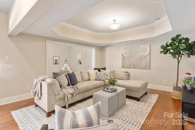 living room with ornamental molding, a tray ceiling, and light wood-type flooring