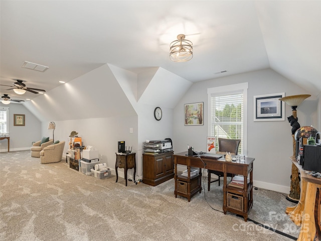 carpeted office featuring ceiling fan and vaulted ceiling