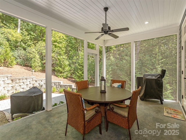 sunroom / solarium featuring wooden ceiling and ceiling fan