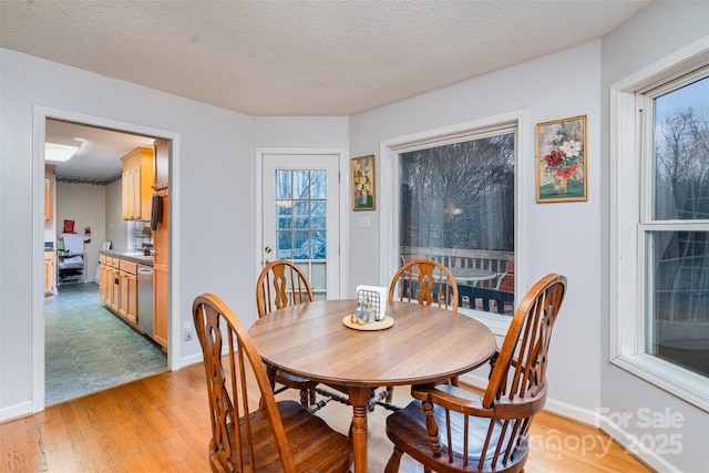 dining area with a wealth of natural light, a textured ceiling, and light hardwood / wood-style floors