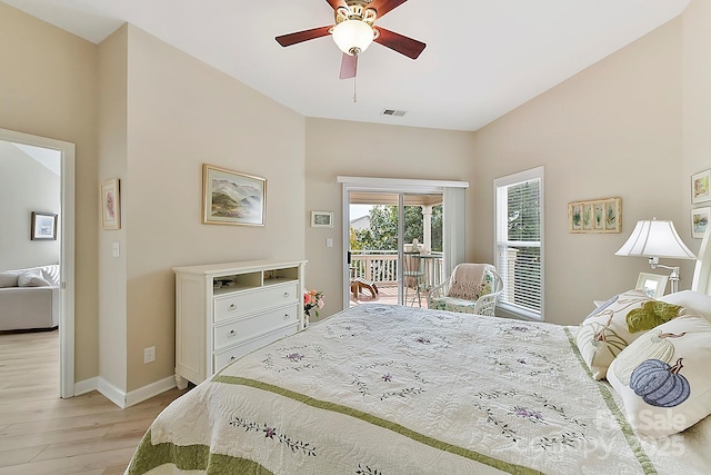 bedroom with access to exterior, ceiling fan, and light hardwood / wood-style floors