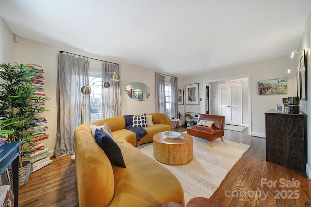 living room with dark hardwood / wood-style flooring