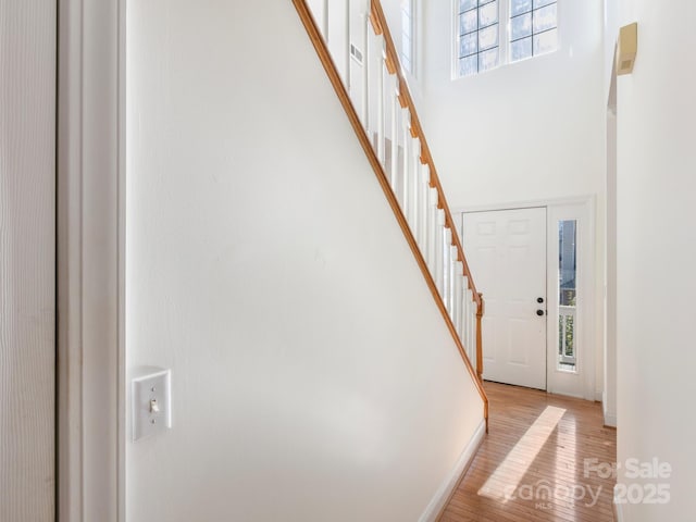 foyer with wood-type flooring and a high ceiling