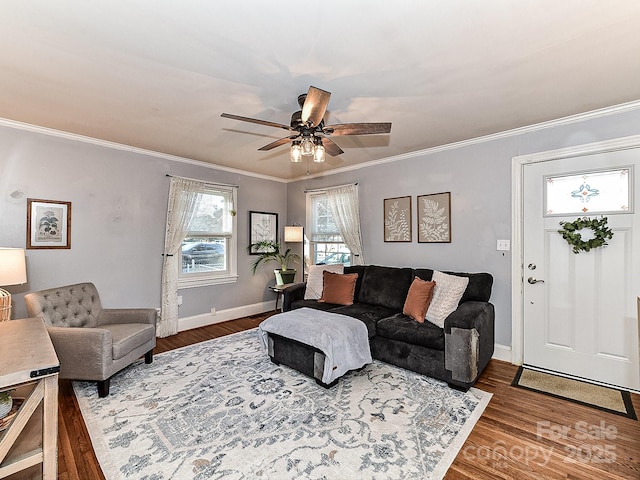 living room with ceiling fan, wood-type flooring, and crown molding