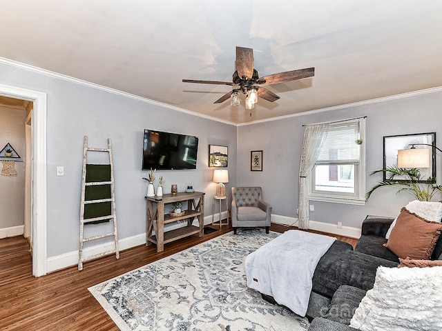 bedroom featuring ceiling fan, wood-type flooring, and ornamental molding