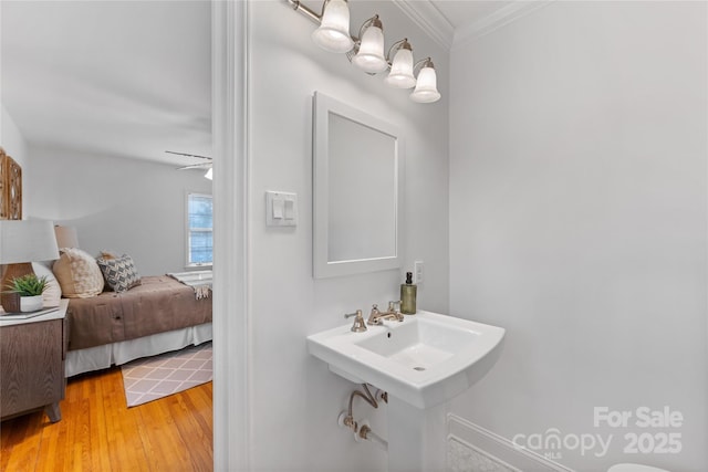 bathroom featuring crown molding and wood-type flooring