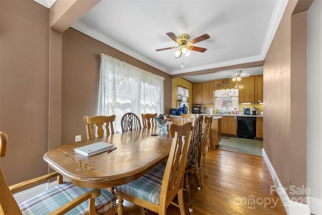 dining area featuring baseboards, ornamental molding, a ceiling fan, and light wood-style floors