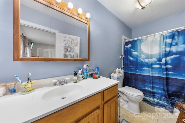 full bathroom with shower / bath combo, toilet, tile patterned flooring, a textured ceiling, and vanity