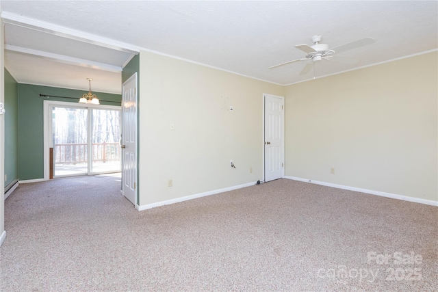 empty room featuring crown molding, ceiling fan with notable chandelier, a baseboard heating unit, and light carpet