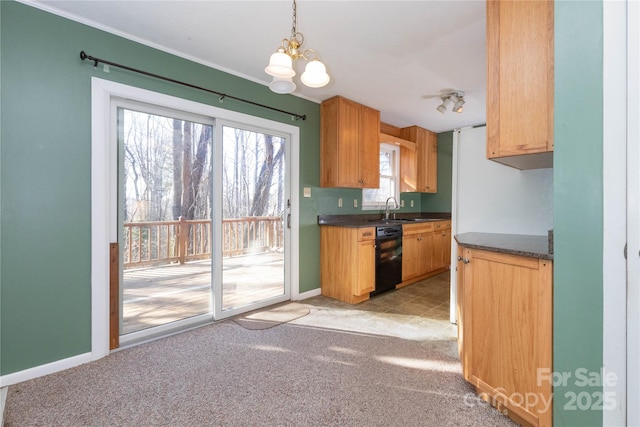 kitchen with light colored carpet, black dishwasher, sink, and hanging light fixtures