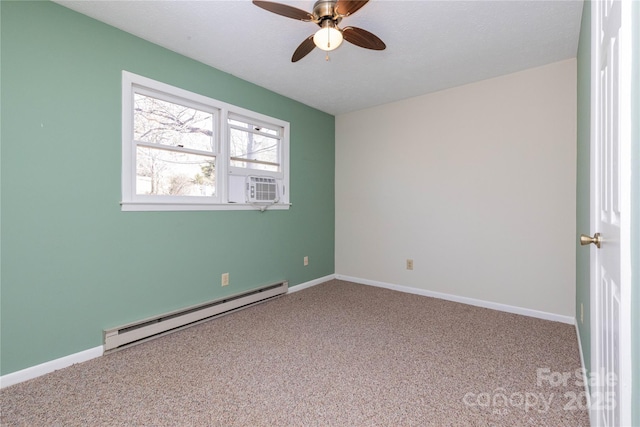 carpeted spare room featuring cooling unit, ceiling fan, and baseboard heating