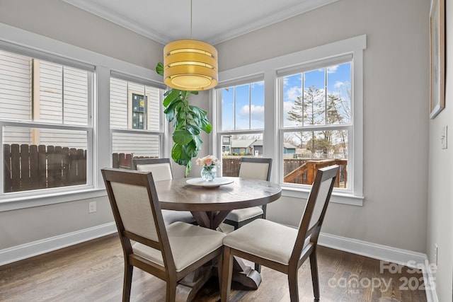 dining room with crown molding and dark hardwood / wood-style flooring