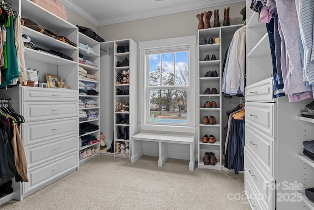 walk in closet featuring light carpet