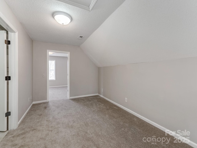 additional living space with vaulted ceiling, light carpet, and a textured ceiling