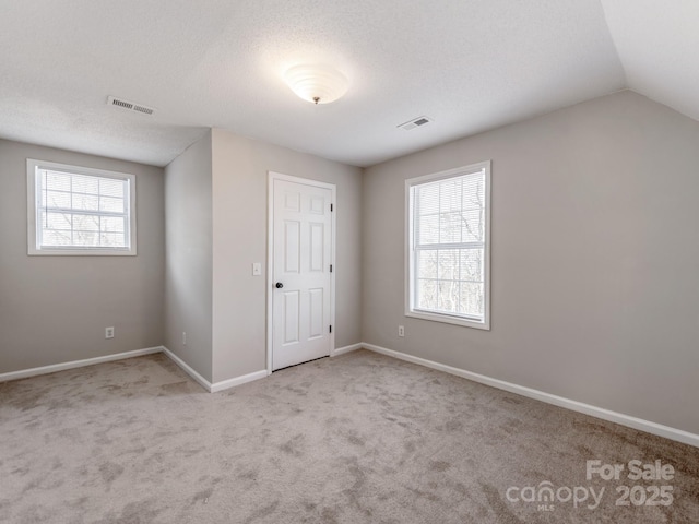 interior space with light colored carpet, vaulted ceiling, multiple windows, and a textured ceiling