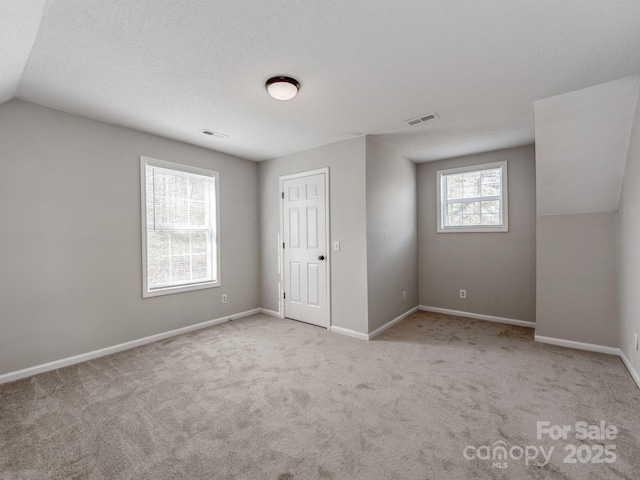 unfurnished bedroom featuring lofted ceiling, light colored carpet, and a textured ceiling