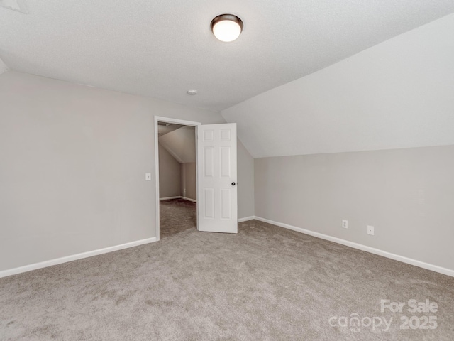 additional living space featuring lofted ceiling, carpet floors, and a textured ceiling