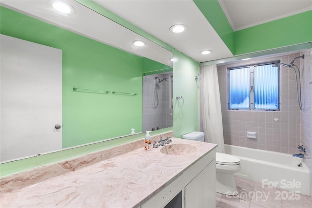 full bath featuring toilet, recessed lighting, vanity, tile patterned floors, and shower / bath combo with shower curtain