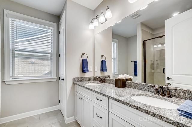 bathroom with double vanity, visible vents, a shower stall, and a sink