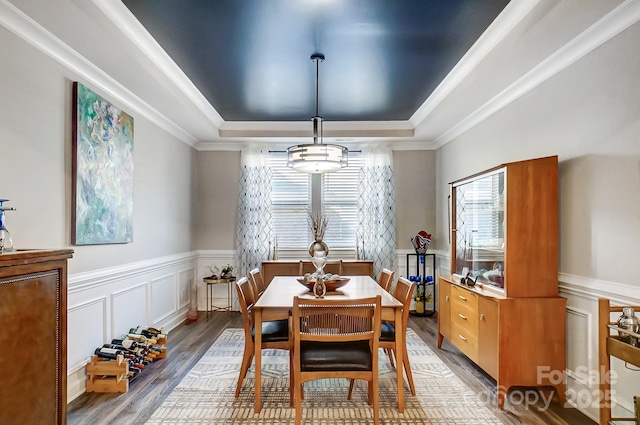 dining area featuring wainscoting, a healthy amount of sunlight, a tray ceiling, and wood finished floors