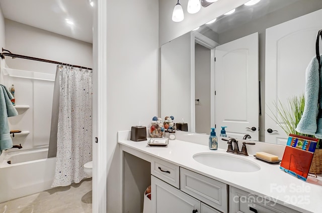 9428 Liberty Hill Dr, Mint Hill, NC 28227 - bathroom featuring vanity, toilet, and shower / bath combination with curtain
