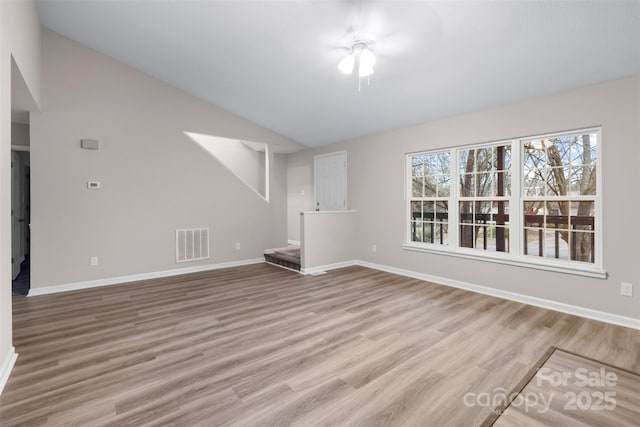 unfurnished living room with light hardwood / wood-style flooring and lofted ceiling