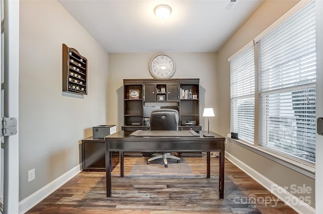 office with dark wood-type flooring