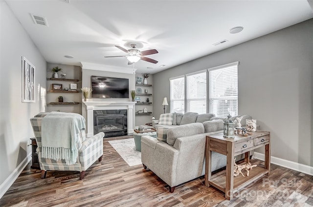 living room with hardwood / wood-style floors and ceiling fan