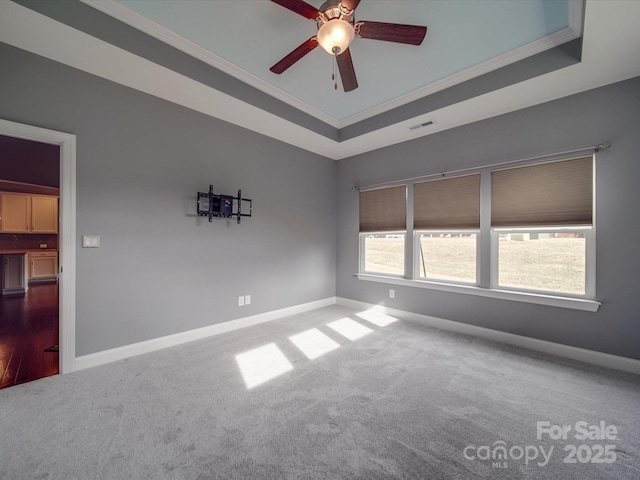 empty room with crown molding, ceiling fan, carpet flooring, and a raised ceiling