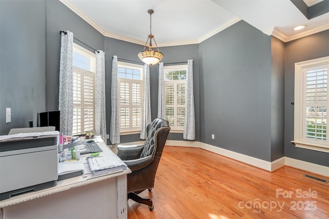 office space featuring wood-type flooring, ornamental molding, and plenty of natural light