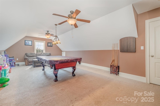 recreation room with pool table, vaulted ceiling, and carpet flooring