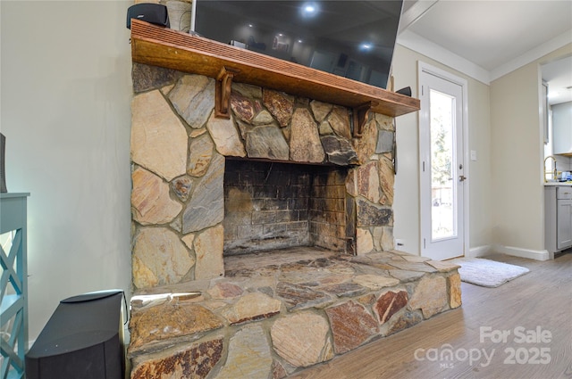 details with sink, hardwood / wood-style flooring, and a fireplace