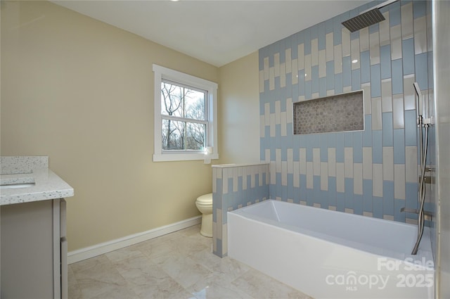 full bathroom featuring vanity, toilet, and separate shower and tub