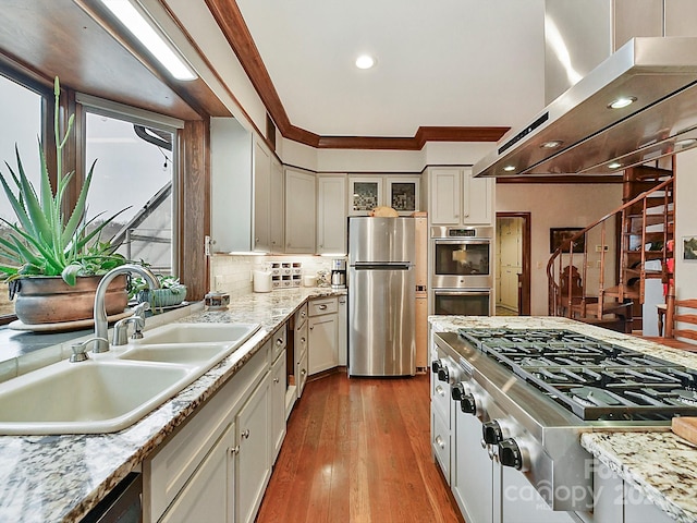 kitchen with sink, extractor fan, crown molding, wood-type flooring, and appliances with stainless steel finishes