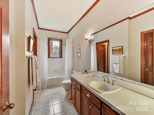 full bathroom featuring vanity, shower / bathtub combination with curtain, crown molding, and toilet