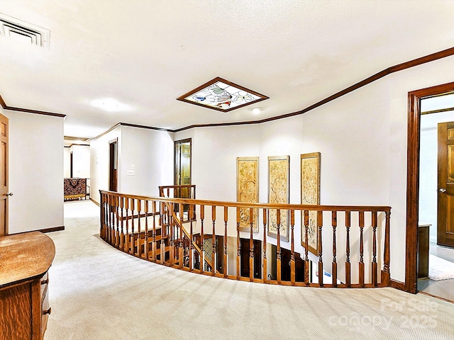 hallway featuring light colored carpet and ornamental molding