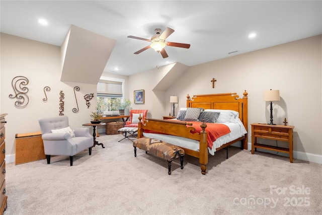 carpeted bedroom featuring ceiling fan