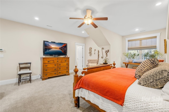 carpeted bedroom with ceiling fan