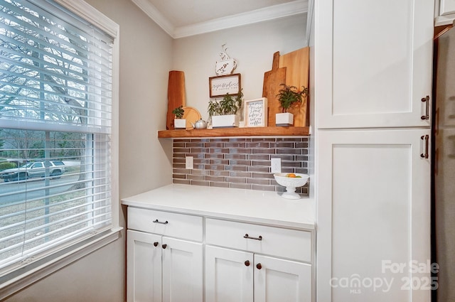 details featuring tasteful backsplash and crown molding