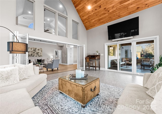 living room featuring wooden ceiling, hardwood / wood-style flooring, and high vaulted ceiling