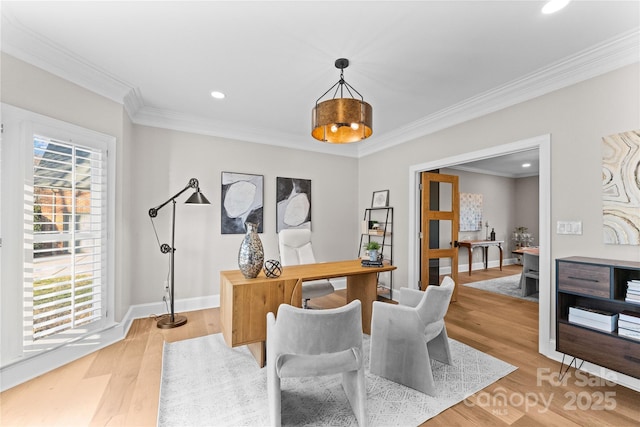 home office featuring light wood-type flooring and crown molding